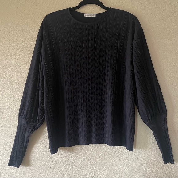 Zara Basic Textured Blouse Top Womens S Navy Blue Leg of Mutton Sleeve Abstract - Picture 9 of 13